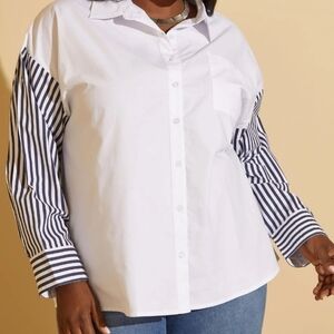 NWT Ashley Stewart Women's White and Blue Striped Sleeve Top Size 24